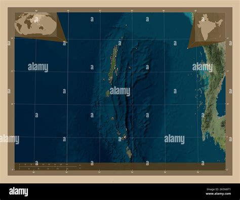 Andaman and Nicobar, union territory of India. Low resolution satellite map. Locations of major ...