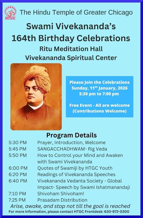 Swami Vivekananda 164th Birthday Celebrations, 10915 Lemont Rd, Lemont ...