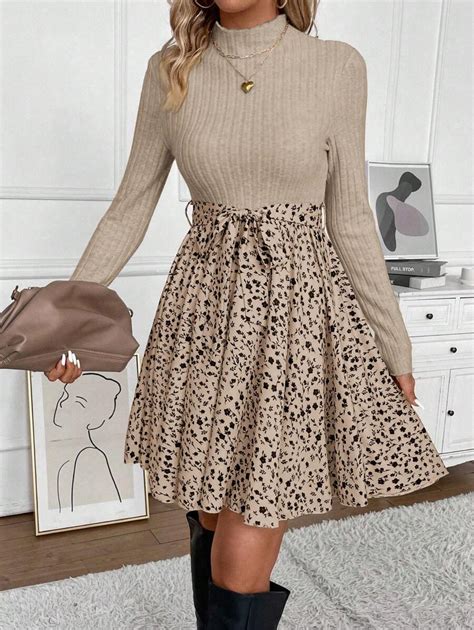 SHEIN Frenchy Ditsy Floral Print Mock Neck Belted Bottom&Top Two Tone A ...