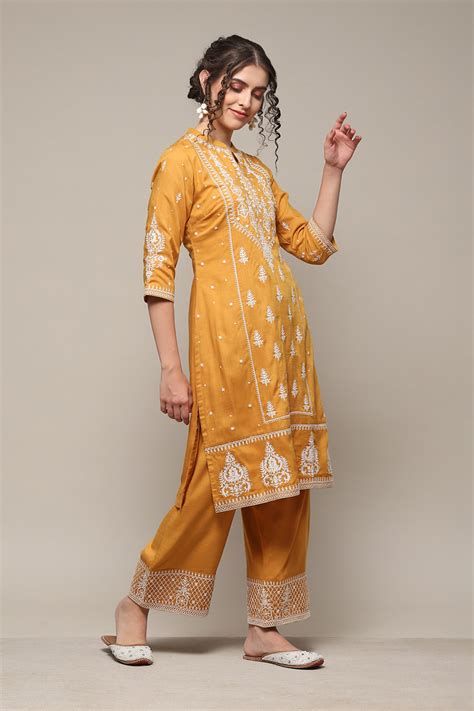 Buy Mustard LIVA Straight Solid 2 Piece Set Online at Biba India