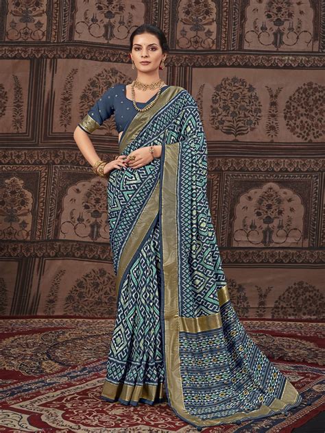Geometric Printed Zari Border Silk Saree – Trendphoria