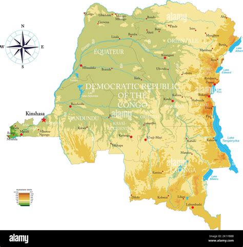 Highly detailed physical map of D.R. Congo in vector format,with all ...