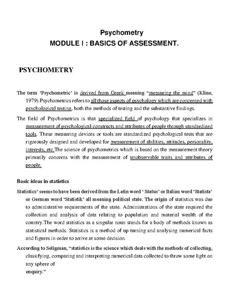 Psychometry Module I: Basics of Assessment and Statistics - Studocu