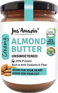 Jus' Amazin Creamy Almond Butter - Unsweetened (500g) | 25% Protein ...