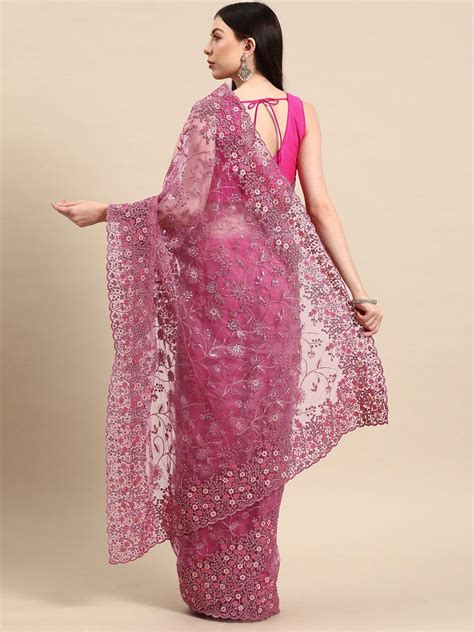 Buy Pink Embroidered Net Saree Online at Rs.2749 | Libas