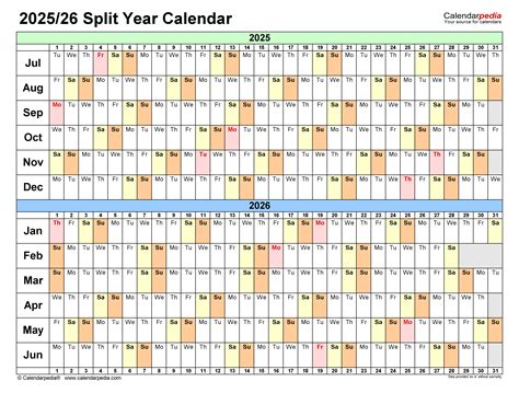 Split Year Calendars 2025/2026 (July to June) - PDF templates