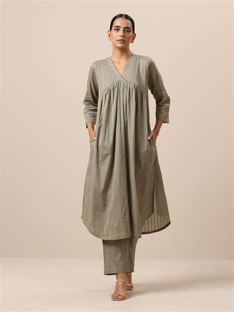 Cotton Olive Green Flared Slit Kurta Pant Set – trueBrowns