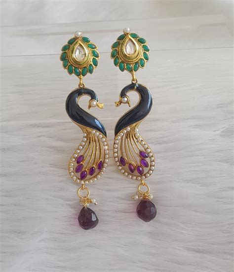 Antique gold tone green-blue-purple peral peacock long earrings dj-460 ...