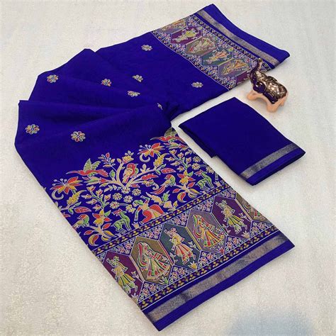 Royal Blue Cotton Blend Saree with Ethnic Kashmiri Inspired Paisley De