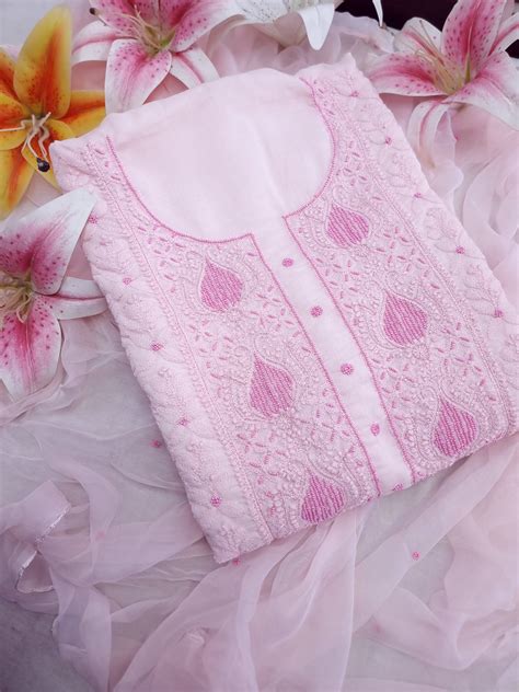 Premium Embellished Lucknow Chikankari Hand-Embroidered Dress Material ...
