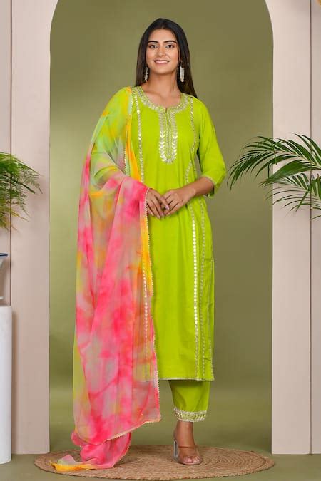 Buy Green Cotton, Georgette Gota Patti Split V-neck Embroidered Kurta ...