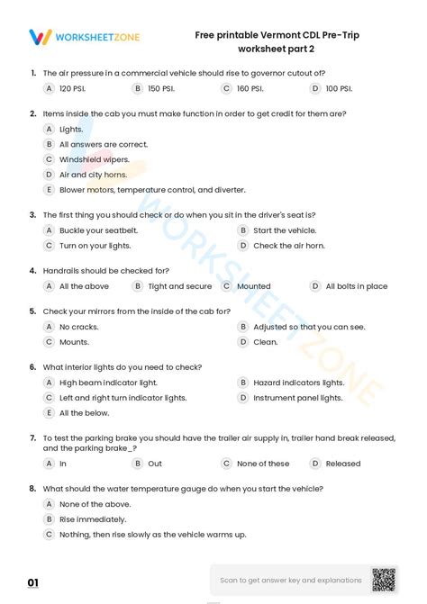 Free printable Vermont CDL Pre-Trip worksheet part 6 | Worksheet Zone