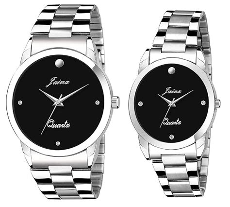 jainx Combo Analogue Couple Watch (Black Dial Silver Colored Chain ...
