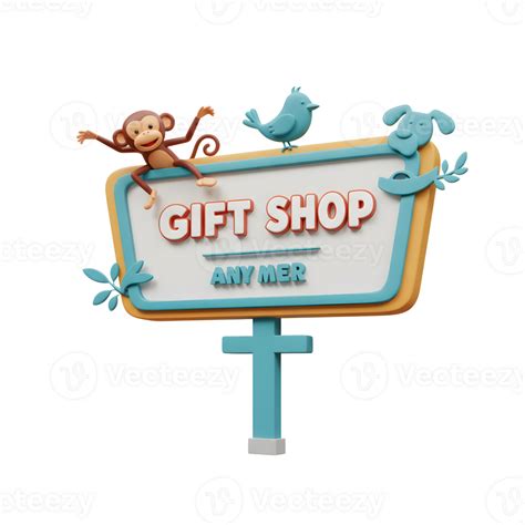 A cartoonish gift shop sign is decorated with a monkey, bird, and dog ...
