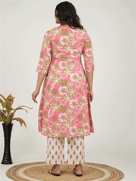 Buy Soft Cotton Floral Flared Pink Kurta, Trousers & Dupatta TP8554T ...