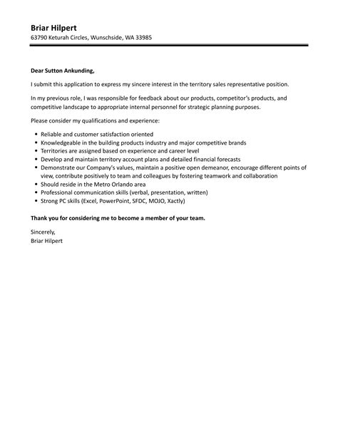 Territory Sales Representative Cover Letter | Velvet Jobs