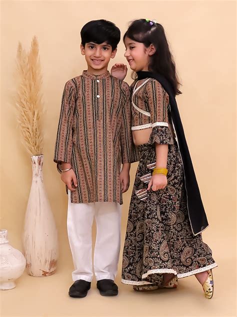 Ethnic Set-Black Kalamkari Girls Lehenga Set and Boys Kurta Set – The ...