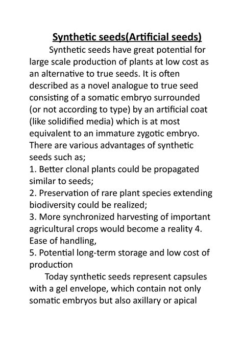 Synthetic seeds - Important topic for essay qstions please study well ...
