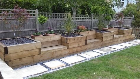 Raised beds with integrated garden seating made from railway sleepers ...