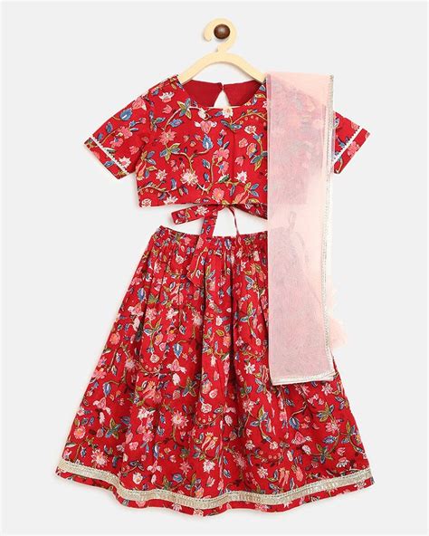 Pre-Order: Girls Lehenga Set Printed Floral - Red– Peonyy Kids