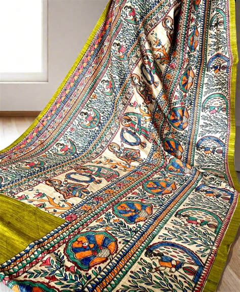 Olive Half & Half Madhubani Hand Painted Pure Tussar Ghicha Silk Saree ...