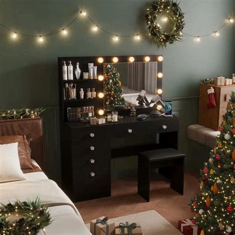 Flaxterate Makeup Vanity with Lighted Mirror Outlets and 6 Drawers