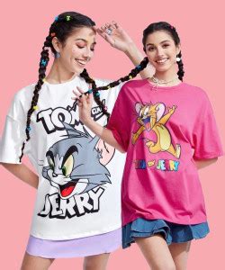 TOM AND JERRY by DreamBe Printed Women Round Neck Pink, White T-Shirt ...