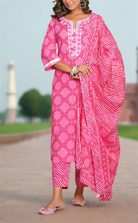 Pink Embroidery Jaipur Cotton Kurti With Pant And Dupatta Set.Pure Ver ...