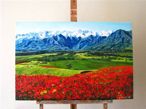 Field poppies and mountains,Original Landscape Oil Painting Painting by ...