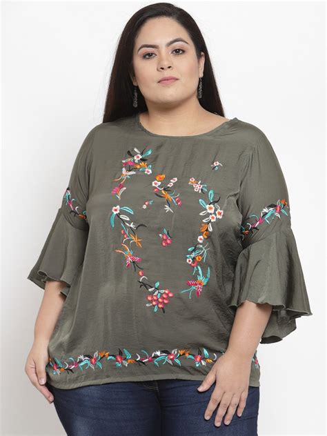 plusS Women Olive Green Embroidered Top – pluss.in