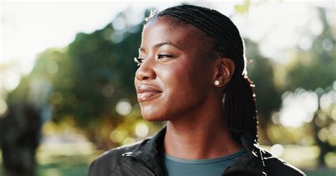 Fitness thinking and black woman at park on break for relax health or ...