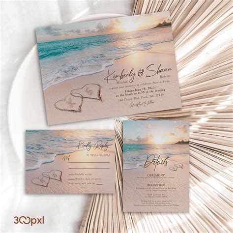 Beach Wedding Invitation Set: Turquoise Sunset, Hearts in Sand in 2025 ...