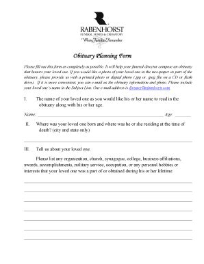 Fillable Online Obituary Planning Form - Rabenhorst Funeral Home Fax ...