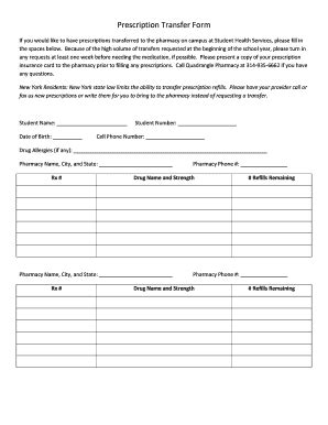 Fillable Online shs wustl Prescription Transfer Form - Student Health ...