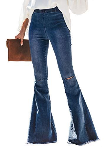 Buy Women Destroyed Flare Jeans Elastic Waist Bell Bottom Raw Hem Denim ...