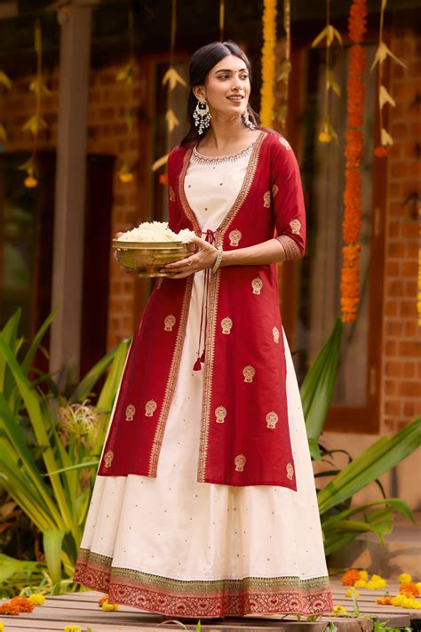 Kathakali Printed Off-White & Red Skirtset with Front Slit Jacket ...