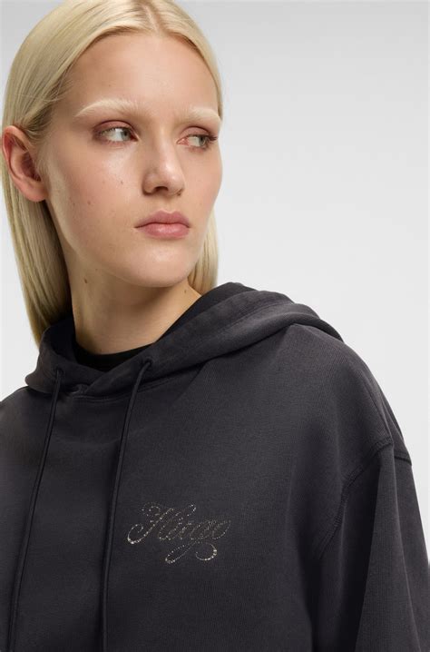 HUGO - Oversized-fit hoodie with rhinestone-studded logos - Black