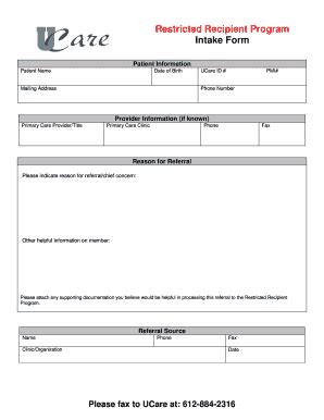 Restricted Recipient Program Intake Form - Blank Fillable Template ...