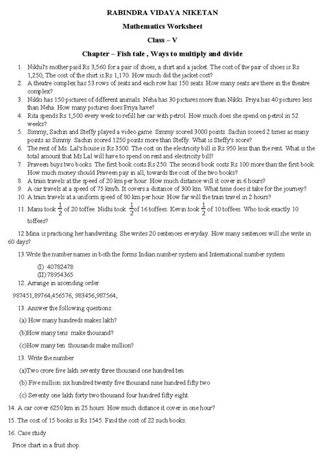 RABINDRA VIDYA NIKETAN Math Worksheet Class V: Chapter on Fish Tale ...