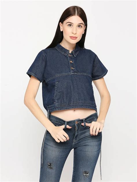 Buy Online| Spykar Women Dark Blue Lycra Regular Fit Denim Tshirt
