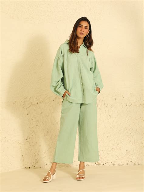 Shop Premium Linen Co-ord Set in Sage Green for Women