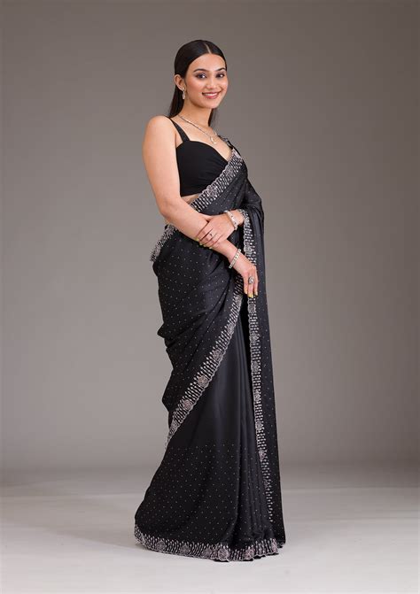 Buy Black Swarovski Satin Saree - Koskii