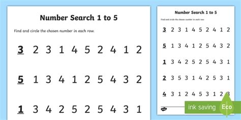 Junior Infants Number Search 1 5 Worksheet / Worksheet