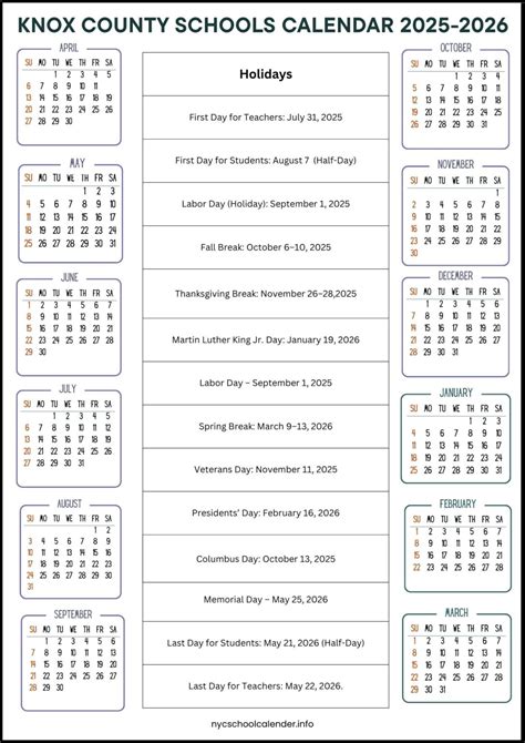 Knox County Schools Calendar with Holidays