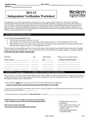 Fillable Online westerntc 2011-12 Independent Verification Worksheet ...