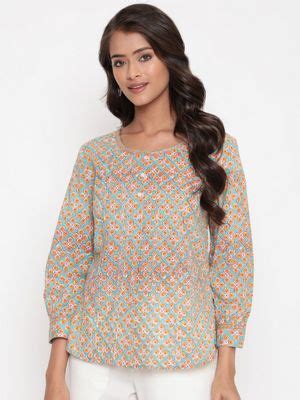 Buy SAVI Mint Peach Cotton Printed Tunic Top Online