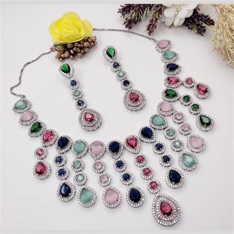 Kavita Art Silver Plated American Diamond Necklace Set – JewelEMarket