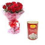 Buy Lorea Florist Holi Hamper - 12 Roses And 500 Gm Rasagulla Tin ...