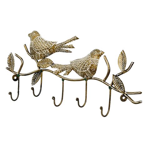 Bronze Birds on a Tree Branch with Leaves with 5 Hooks Iron Key Holder ...