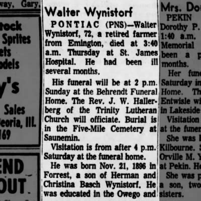 Walter Wynistorf Obituary The Pantagraph Bloomington, Illinois 15 Aug ...